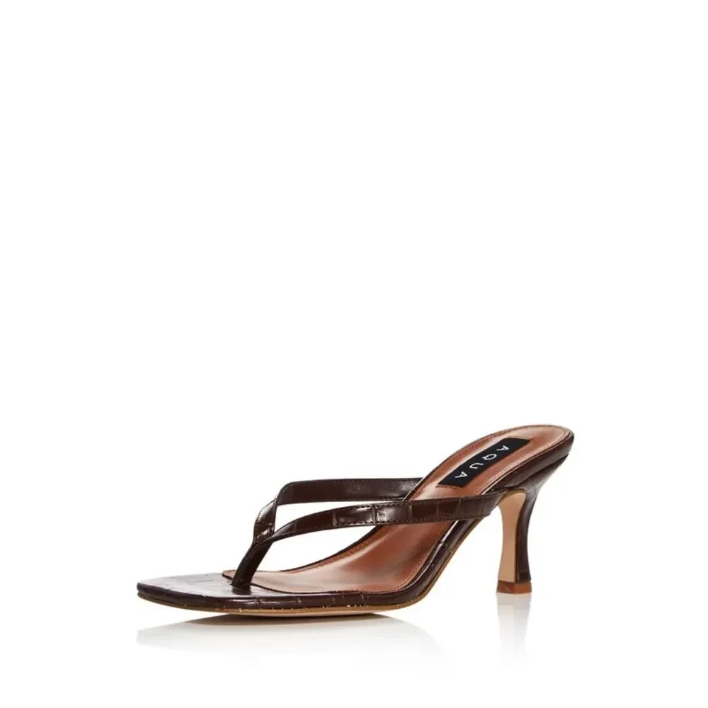 AQUA Womens Brown Croc Embossed Elsie Square Toe Slip On Dress Thong Sandals 5 M